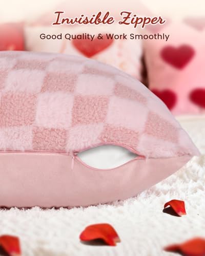 Valentines Pillow Covers 18x18 Inch Set of 2 - Plush Faux Fur PK White 3D Checkered Valentines Day Jacquard Throw Pillow Covers Decorations Soft Home Decor for Couch, Sofa, or Bed