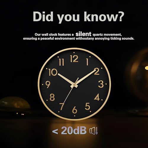 Mosewa Small 8 Inch Wall Clock Battery Operated Silent Non Ticking Analog | Black Gold modern clock; oversized 3D easy-read dial for kitchen, bedroom & office; 1 AA battery (not included)