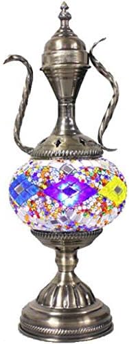 SILVERFEVER Handcrafted Mosaic Turkish Lamp Moroccan Glass Table Desk Bedside Light Bronze Base with E12 Bulb (Neutural Wave Aladin)
