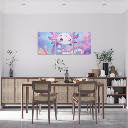 Feelyou Axolotl Canvas Wall Art for Living Room Pink Cartoon Axolotl Wall Decor for Bedroom Bathroom Wall Decor Kawaii Paintings Seaweed Pictures Artwork Office Pictures Home Decor 12" x 16" 3 Piece
