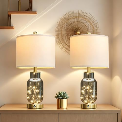 Oneach 22" Glass Table Lamps Set of 2 with LED Nightlight for Bedroom, Gray