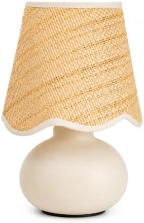11" Small Mini Boho Table Lamp – Handmade Ceramic Cream Base with Scallop Woven Rattan Shade, Dimmable Plug-In Accent Light for Bedroom, Nightstand, Small Spaces, Kitchen Counter, Bookshelf