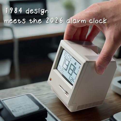 Maclock Retro Pixel Alarm Clock, 1984 Computer-Inspired USB Desk Clock with Pixel Display, Multiple Alarms, Adjustable Brightness, Calendar, Temperature
