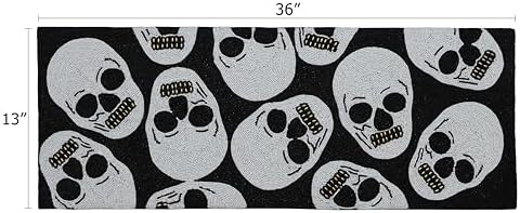 COTTON CRAFT Halloween Beaded Table Runner - Black White Skulls 13x36 inch