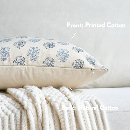 FIOUOVO Floral Vintage Throw Pillow Covers 24x24 Pillow Cover Block Print Decorative Cushion Covers Farmhouse Neutral Accent Home Décor for Sofa Couch Living Room Bedroom, 1PC, Aqua Blue