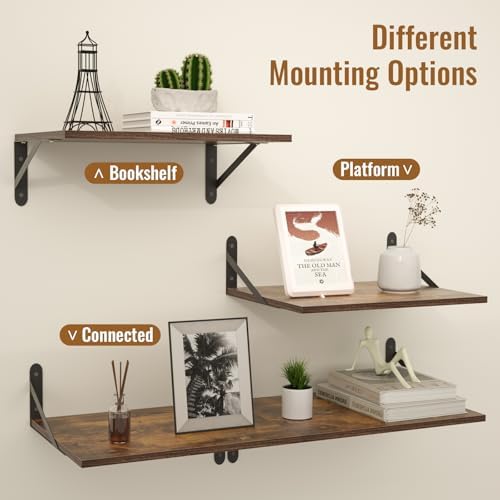 Deep Floating Shelves for Wall, 16W x 12D Wood Shelves Set of 2, Rustic Wood Floating Shelves, Wall Mounted Hanging Shelf for Living Room, Kitchen, Office, Bathroom and Bedroom Decor