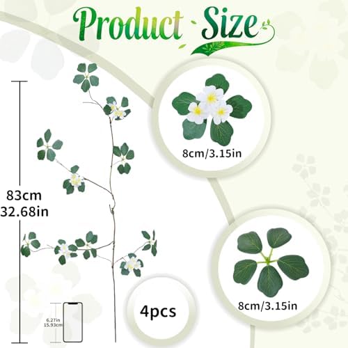 4 Pcs 39" Artificial Tree Branches with Green Leaves & White Flowers