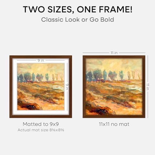 Homeforia 11x11 Brown Oak Picture Frame, High-End Wood, 9x9 Mat, Glass