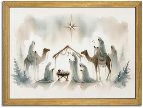 Framed Jesus Wall Art, Christian Wall Decor Paintings, Jesus Nativity Canvas Print Picture, Large Religious Room Decor Oin Painting for Living Bedroom Church 12x16 Inch