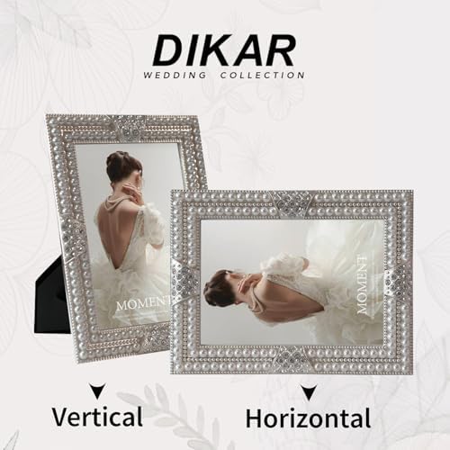 DIKAR 5x7 Picture Frame with Pearl and Crystal Decor for Wedding Photo, Ornate Frame Silver Plated for Tabletop Display