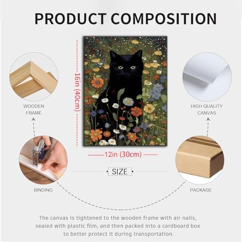 Framed Cat Canvas Wall Art, Funny Black Cat Picture Wall Decor, Animal In Garden Flowers Prints Poster for Bathroom Bedroom Living Room Gallery Decor 12x16 inch