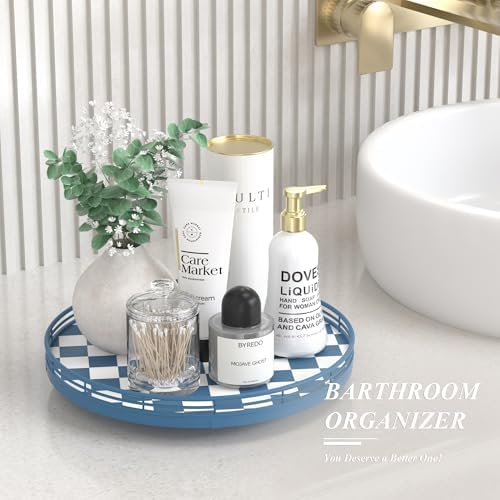 Blue and White Checkerboard Lazy Susan with Rubberwood Base and Metal Rail