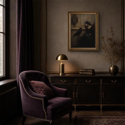Vintage Gold Framed Dark Academia Wall Art Gothic Canvas Art Prints | Lady and Raven Pictures Victorian Cottagecore Paintings Wall Decor Artwork for Living Room Bedroom 8x10in
