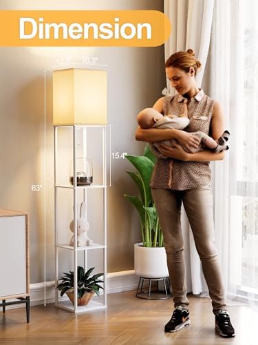Floor Lamp with Shelves for Living Room 2 Pack, Shelf Floor Lamp with 3 CCT LED Bulb, Corner Display Standing Column Lamp Etagere Organizer Tower Nightstand with White Linen Shade for Bedroom, White
