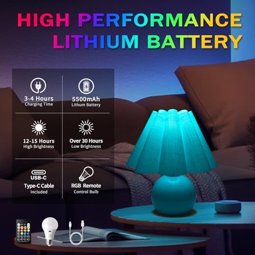 Rechargeable Crodless Small Table Lamp, Battery Operated Remote Control LIght Blue Mini Cute Table Lamps for Bedroom Nightstand, Cute Small Table Lamp for Small Spaces for Kitchen Counter, Bookshelf