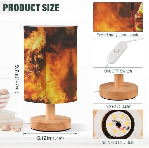 Table Lamp Firefighter in Fire Flame Nightstand Lamp with Wood Base Fabric Lamp Shade Bedside Desk Lamp for Living Room Bedroom Kids Room Office