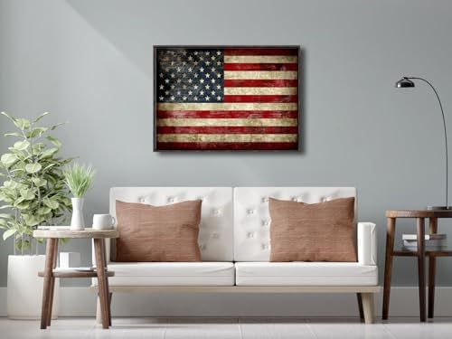 Pyradecor Walnut Framed Canvas Wall Art Old Vintage American Flag Canvas Prints Abstract Pictures Paintings for Office Home Decorations