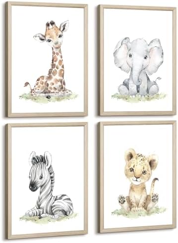 Safari Nursery Wall Art Decor Baby Animal Canvas Wall Art Woodland Nursery Wall Decor Kids Jungle Animal Pictures Safari Giraffe Elephant Tiger Prints for Room Bedroom Set of 4 12x16 Inch Wood Framed