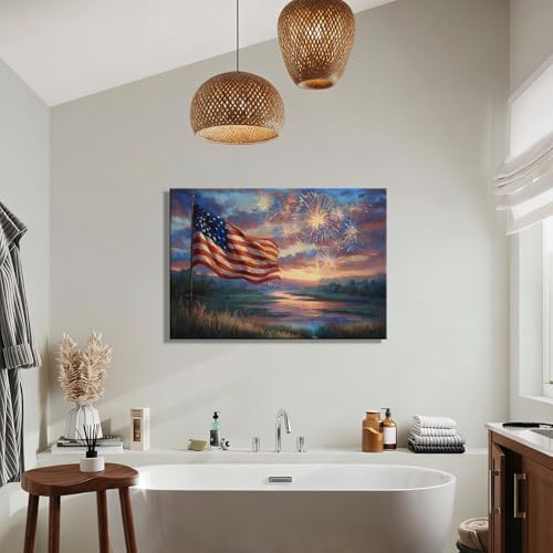 RIBNTAK 4th of July Canvas Art – Vibrant American Flag & Fireworks, Patriotic Wall Art for Independence Day, Perfect for Living Room, Office, Holiday Decorations and Inspirational Artwork