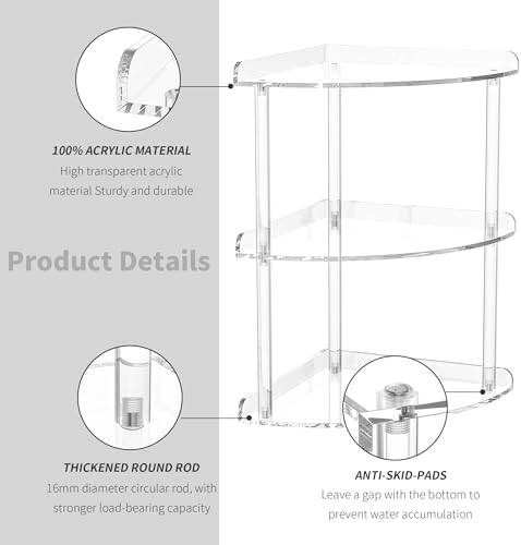 Sezanrpt 3 Tier Acrylic Corner Shelf Organizer Storage 9.5x9.5x15.7 Inch, Transparent Countertop Corner Shelf for Bathroom, Kitchen, Bedroom, Office, Study Room