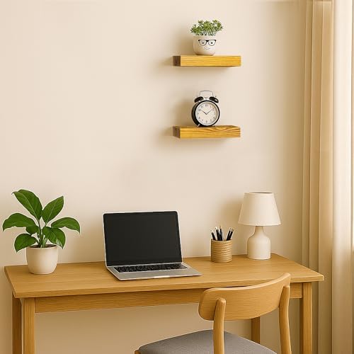 BGMG Small Wood Floating Shelves for Wall 8 inch Set of 2, Rustic Wooden Wall Mount Shelves for Living Room Bedroom Kitchen Farmhouse-8x6.7x1.25 inch- Gold Oak
