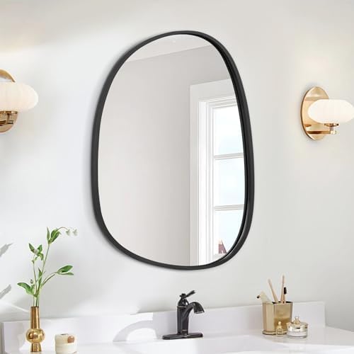 Wood Frame Hanging Mirror for Wall Asymmetrical Irregular Black Oval Wall Mirror for Bathroom Wall Mirrors Decorative for Bedroom Living Room Entryway Hallway Unique Mirror