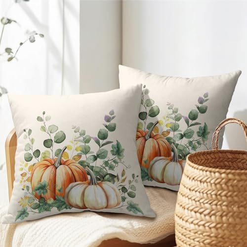 Fall Throw Pillow Cover 16x16 Inch Pack of 2 Autumn Watercolor Pumpkin Sage Green Leaf Outdoor Pillow Protector Thanksgiving Sofa Cotton Linen Square Pillow Set Farmhouse Pillowcases for Home Bed