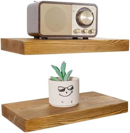 BGMG Wood Floating Shelves for Wall 12 inch Set of 2, Rustic Wooden Wall Mount Shelves for Living Room Bedroom Kitchen Farmhouse-12x6.7x1.25 inch- Gold Oak