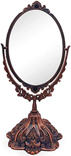 Hsiwto Vintage Double Side Makeup Mirror, Alloy Metal Table Makeup Desktop Mirror with 360 Degree Rotation Cosmetic Makeup Tool for Women Girls, Large Red Copper