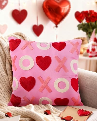 Valentines Pillow Cover 18x18 Inch - Embroidered Valentines Day Red Hearts Hugs and Kisses XO Design Throw Pillow Cover Decorations Soft Cushion Case Home Decor for Couch, Sofa, or Bed(1 Pack)