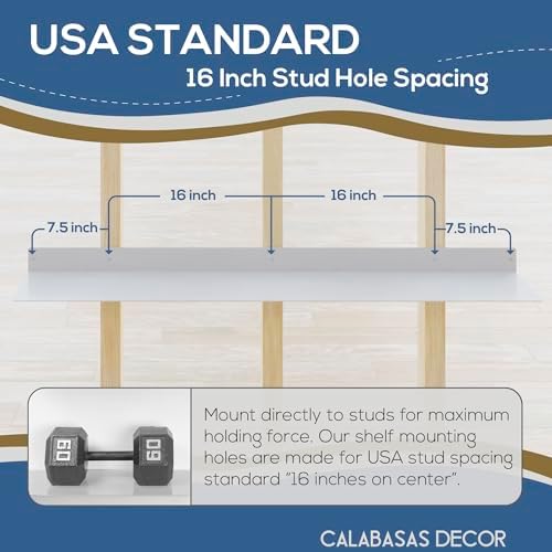 48x8 in Metal Floating Shelf White Wall Mounted - Made in The USA - Bedroom, Living Room, Bathroom, Kitchen