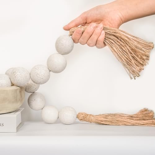 Extra Large Wood Bead Garland with 1.4" Diameter Wood Beads, Wooden Beads Garland with Tassels, Decorative Beads Home Decor, Farmhouse Beads Decor (Rustic White, 67 Inches)