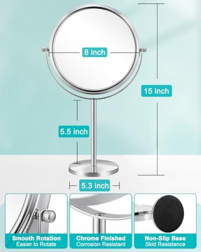 ALHAKIN 30X Magnifying Makeup Mirror, Double Sided Tabletop Mirror with Stand, 8 Inch Vanity Mirror with 360°Rotation for Bathroom, Chrome