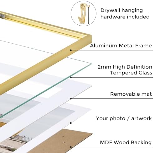 22x28 Metal Picture Frame with 18x24 Mat, Brushed Aluminum Finish, Tempered Glass Front, and Attached Hanging Hardware - Versatile Wall Display Frames for Vertical or Horizontal Orientation(Gold, Pack