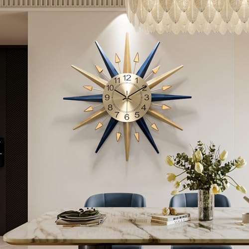 Starburst Large Wall Clock,Mid Century Decorative Wall Clock | Modern Silent Clock Battery Operated for Living Room/Kitchen/Entryway/Bedroom/Office/Dinning Room Metal Wall Decor