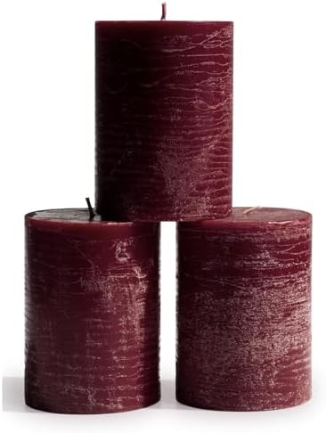 CANDWAX 3x4 inch Pillar Candles Set of 3 – Unscented Dripless Rustic Burgundy Candles for Weddings, Decor, Centerpieces