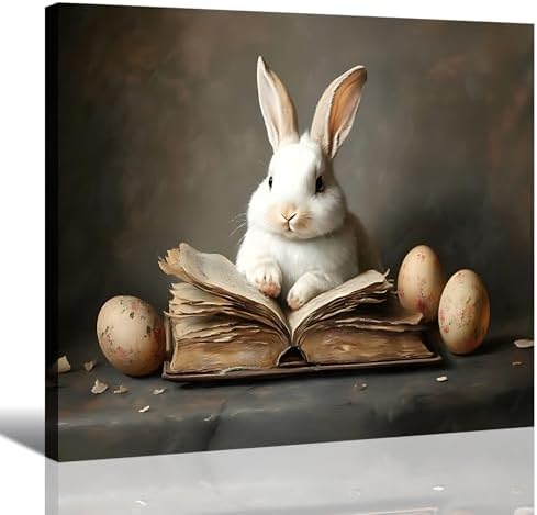Rustic Easter Bunny,Book,Eggs Wall Art, Easter Framed Rabbit Canvas Prints for Living Room, Cozy Spring Bunny Picture for Home Wall Decor, Easter Decorations for Office Bathroom