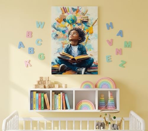 Black Boy Reading Canvas Wall Art Inspirational Books For African American Boys Painting Picture Wall Decor African Boy Poster Print Artwork for Teenagers' Living Room Study Home Decoration 12x16in