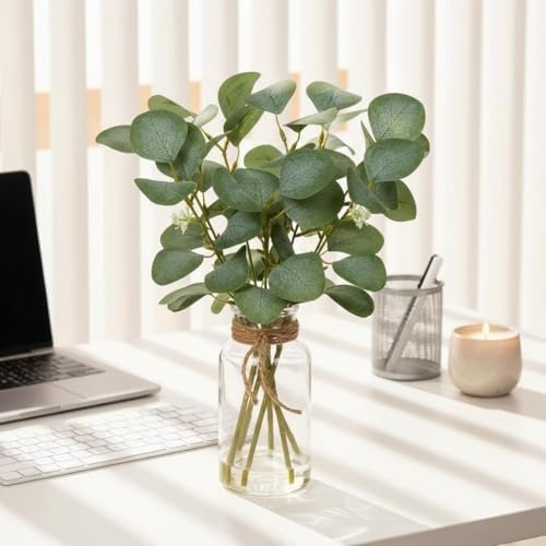 Artificial Eucalyptus Stems Fake Plants in Glass Vase with Faux Water