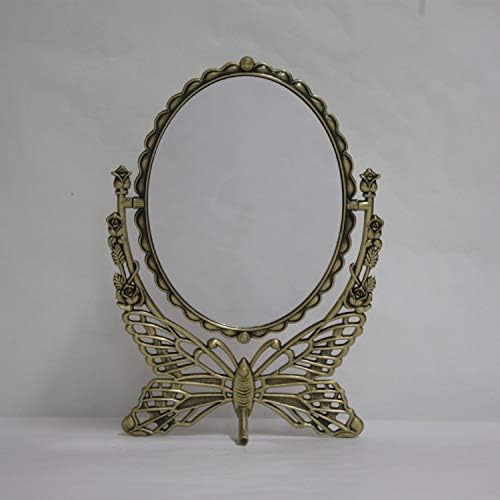 SEHAMANO Vintage Antique Butterfly Patterned Metal Frame Makeup Table Mirror, Decorative Oval Shaped Stand, Vanity Cosmetic Double Sided Rotatable Ellipse Mirror (Brass (Matt Gold), Large)