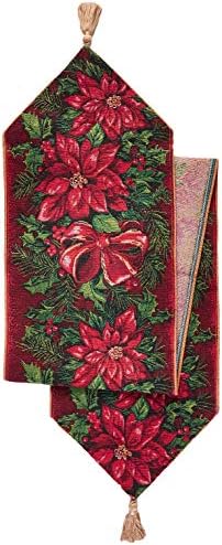 Violet Linen Decorative Christmas Poinsettias Design Tapestry, 13" X 70" Table Runner