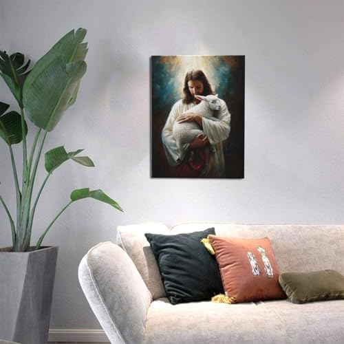 Jesus and Lamb Wall Decor Pictures Jesus with Lamb Wall Art Religious Christian Canvas Prints Painting God Faith Artwork Decoration for Bathroom Bedroom Living Room Framed Gifts 12"x16"