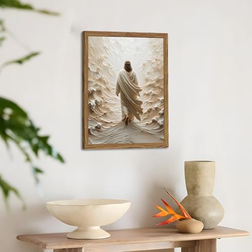 Jesus Walking on Water Wall Art, Frame 3D Textured Hand Drawn Sandstone Christian Wall Decor Paintings, Religious Spiritual Pictures for Living Prayer Room Bedroom 12x16 inch Wood Framed