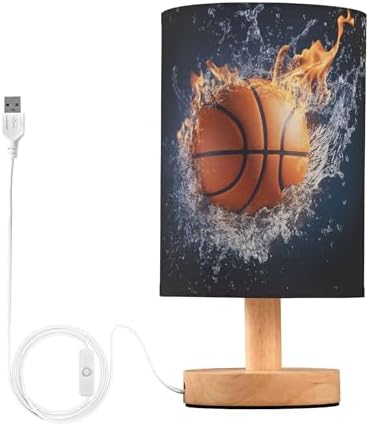 Table Lamp Fire Basketball in Water Nightstand Lamp with Wood Base Fabric Lamp Shade Bedside Desk Lamp for Living Room Bedroom Kids Room Office