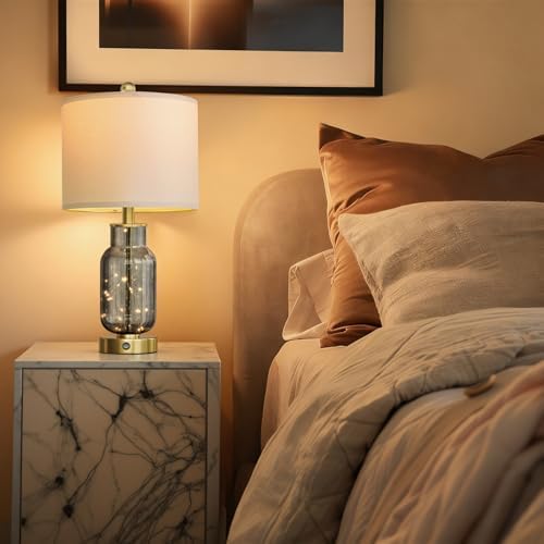 Oneach 22" Glass Table Lamps Set of 2 with LED Nightlight for Bedroom, Gray