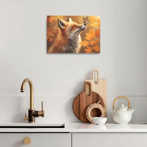 Fall Fox Decor Wall Art Autumn Pictures Maple Leaf Canvas Prints Painting Cute Fox Artwork Home Decoration for Bathroom Bedroom Living Room Framed Gifts 16"x24"