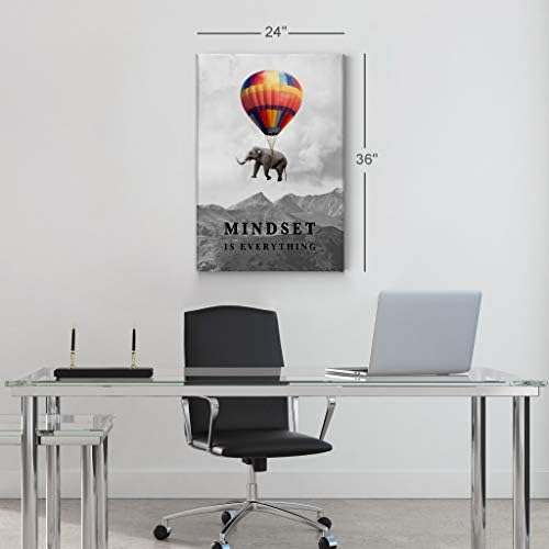 Smile Art Design Mindset is Everything Colorful Elephant Black and White View Motivational Wall Art Canvas Print Inspirational Entrepreneur Quote Office Living Room Decor Gift Ready to Hang 17x11