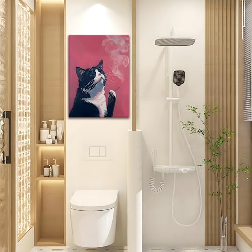 Framed Funny Black Cat Wall Art Canvas Print, pink Cool Cat Illustration Poster Wall Decor, Quirky Modern Cat Artwork for Living Room Bedroom Bathroom Kitchen Decor 12x16 Inch