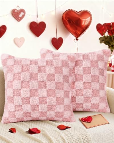 Valentines Pillow Covers 18x18 Inch Set of 2 - Plush Faux Fur PK White 3D Checkered Valentines Day Jacquard Throw Pillow Covers Decorations Soft Home Decor for Couch, Sofa, or Bed