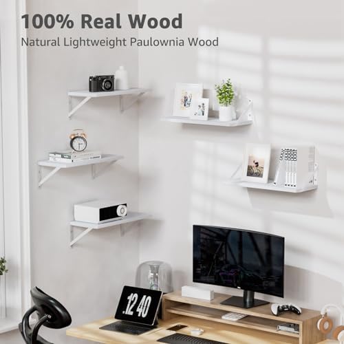 COCOYA Wall Shelves 7.3" Deep Solid Paulownia Wood (White, Set of 2)